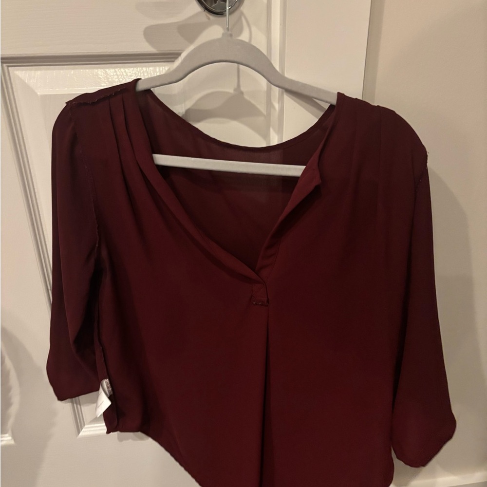 Lush Red Asymmetrical 3/4 Sleeve Blouse with Mandarin Collar